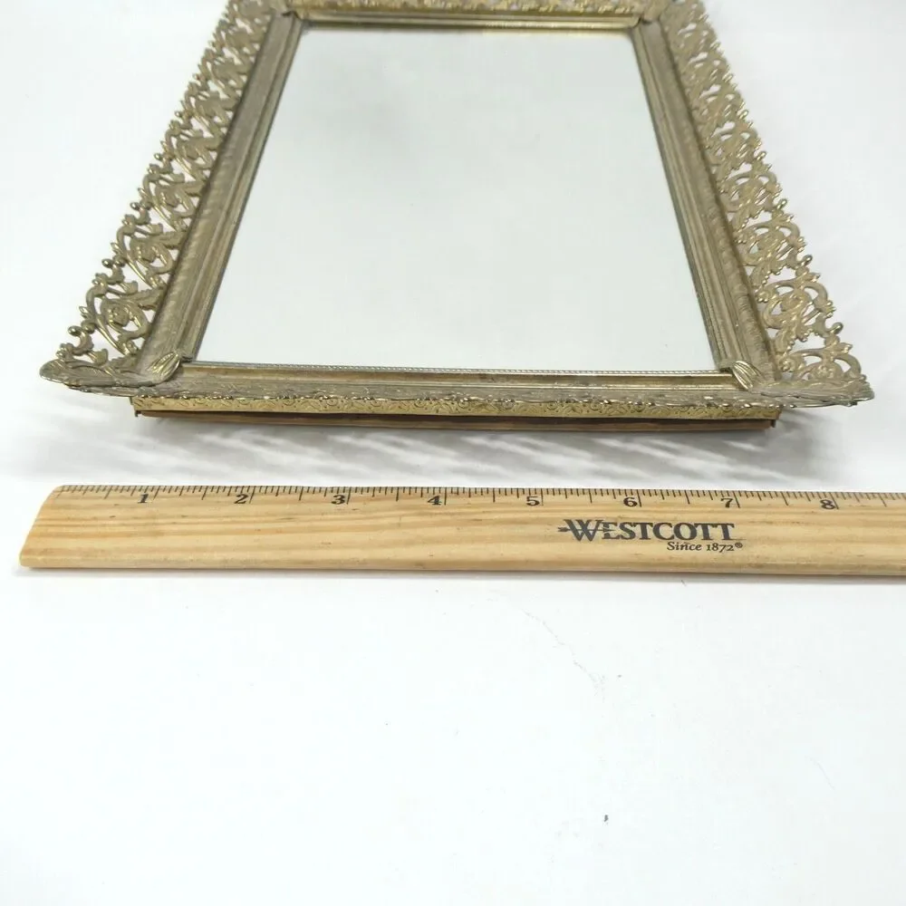 Brass Tray Mirrored Vanity Dresser 14x8 Rectancular MCM Vintage